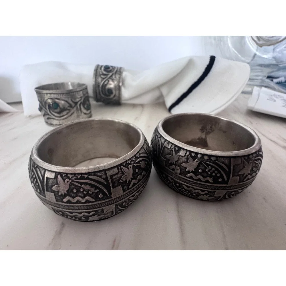 Vintage Mixed Silver Metal Napkin Rings Set of 7 India Boho Floral Bird Ornate